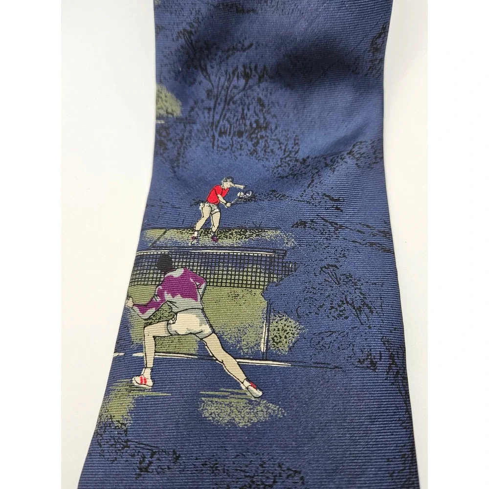 Resilio Mens Vintage Silk Tennis Novelty Tie Navy Blue Sports Print Made in USA